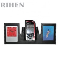 pu leather phone holder with digital clock and photo frame