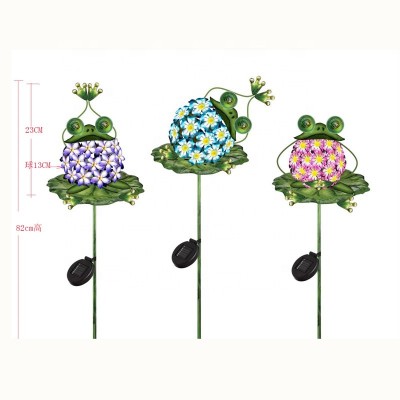 Garden decoration metal set of 3 frog hydrangea flower stake