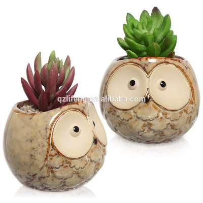 Set of 2 owl ceramic flower pots desk flower planters home decoration