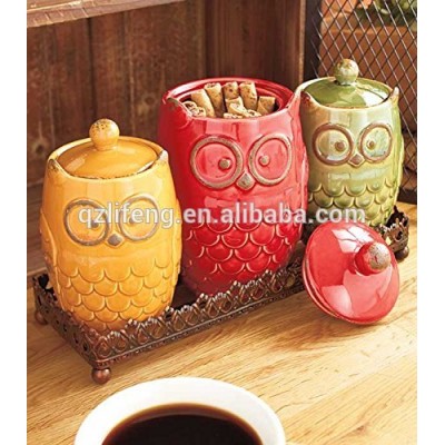 4 Piece Ceramic Owl Canister & Metal Tray Kitchen Decor