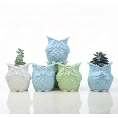 Home and garden creative small ceramic green planters small owl flower pot set of 3