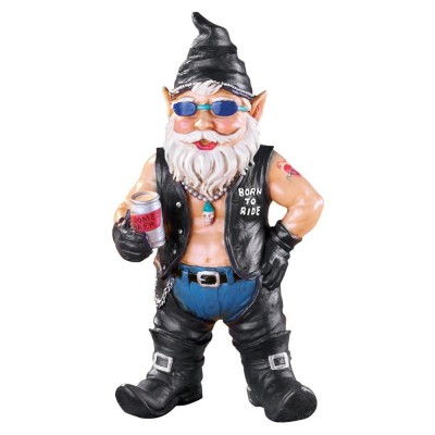 Yard Statue Biker Garden Gnome Figurine with Motorcycle Leather Gear