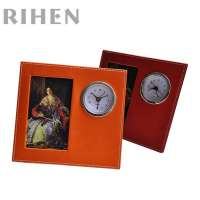 PU Leather Handmade Folding Photo Frame With Alarm Clock